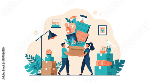 Happy couple working together to carry a box overflowing with home items and plants while moving into their new apartment.