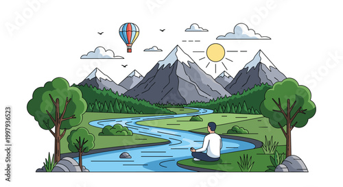 Peaceful man sitting by a winding river and meditating in a stunning mountain landscape with a hot air balloon in the sky.