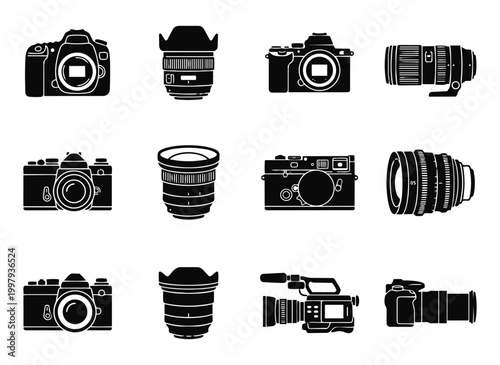 Camera icon set for photography with dslr mirrorless lenses and video equipment vector illustration.
