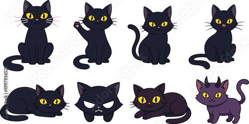Cute cartoon black cat character vector set featuring various expressions and poses including sitting, waving, lying down, and spooky devil horns for Halloween stickers and pet animal lovers.