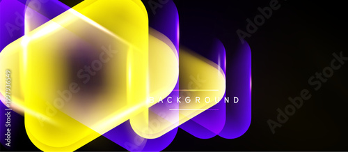 Abstract neon shapes overlap, creating vibrant glow effect. Dark background emphasizes bright yellow, purple hues. Modern design element.