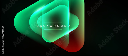 Abstract layers overlap, creating vibrant green, red gradients. Text BACKGROUND centered within glowing shape. Dark backdrop enhances visual impact.