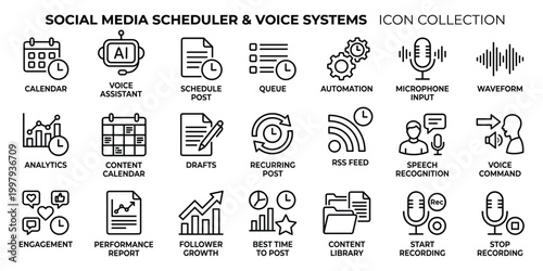 Social media scheduler and voice systems line icons, calendar, assistant, analytics, recording.