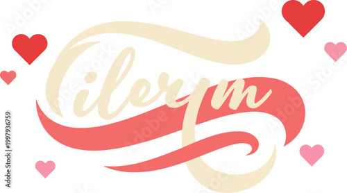 Script lettering surrounded by floating hearts creates a sweet and romantic visual composition.
