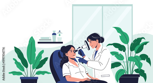 Professional dermatologist using a magnifying lamp to examine the skin of a female patient in a clean medical office.