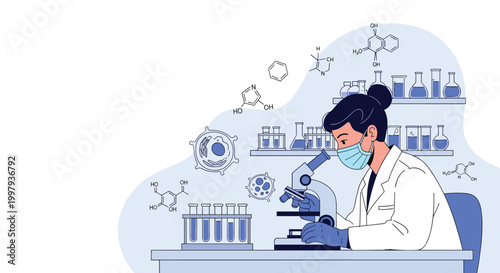 Dedicated female scientist wearing a protective mask conducting research with a microscope and chemical formulas in a lab.