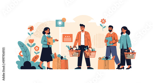 Diverse group of shoppers browsing and buying fresh produce and groceries at a friendly local outdoor community market.