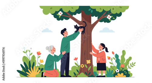 Kind man reaching up to rescue a black cat from a tall green tree while his elderly mother and young daughter watch with care and affection.