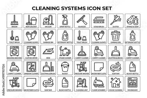 Cleaning systems icon set vector illustration featuring household maintenance tools and equipment.