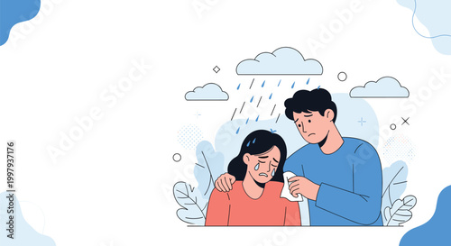 Compassionate man wiping tears from a sad woman's face while they stand together under a rain cloud symbolizing shared grief and support.