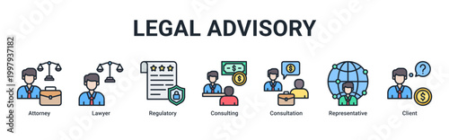 Legal Advisory banner with attorney,lawyer,regulatory,consulting,consultation,representative and client icons for legal service concept