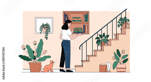 Young woman placing books on a wall-mounted wooden shelf in a cozy home interior with a staircase, a cat, and many green potted plants.