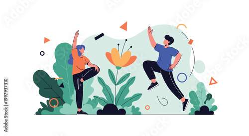 Man and woman practicing yoga or expressive dance in a lush garden with stylized flowers and abstract geometric shapes for wellness.