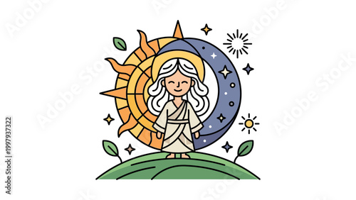 A serene illustration of a woman standing on a hill with the sun moon and stars.