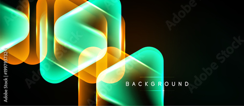 Abstract neon shapes overlap, creating dynamic visual effect. Dark background emphasizes glowing lines, modern design element.