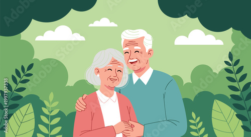 Happy senior couple embracing each other while standing in a lush green park with trees and clouds representing lifelong love and joy.