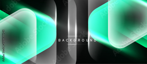 Abstract neon shapes overlap, creating dynamic glowing effect. Dark background emphasizes bright turquoise, silver lines. Modern design element.