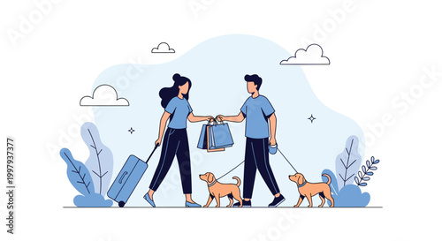 Young couple walking together with shopping bags, suitcases, and two dogs on leashes against a light blue background with clouds and plants.