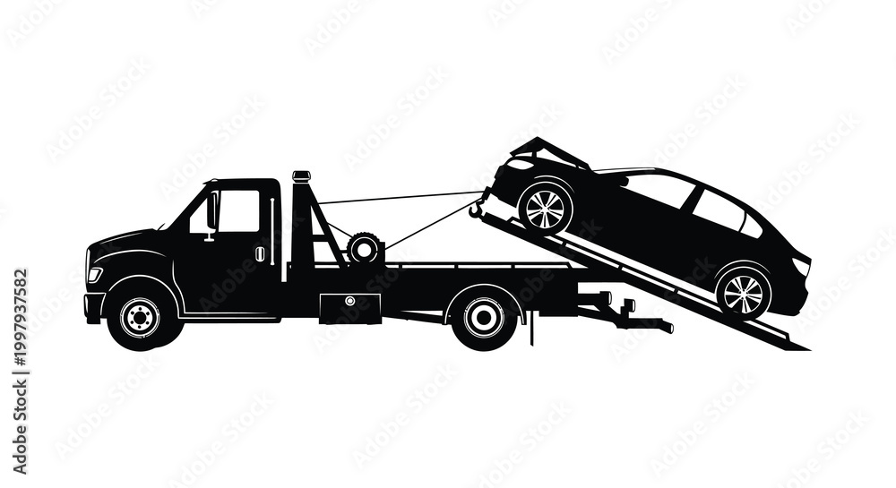 Obraz premium A black silhouette of a tow truck transporting a damaged vehicle on a ramp silhouette