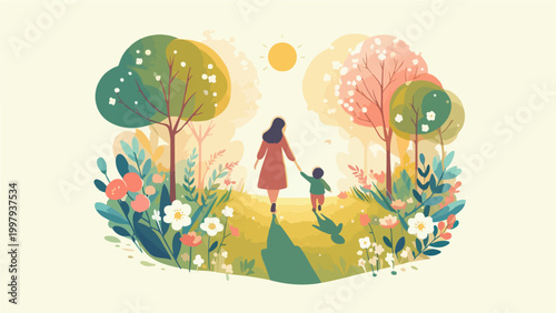 Mother and Child Walking in Sunlit Garden Path