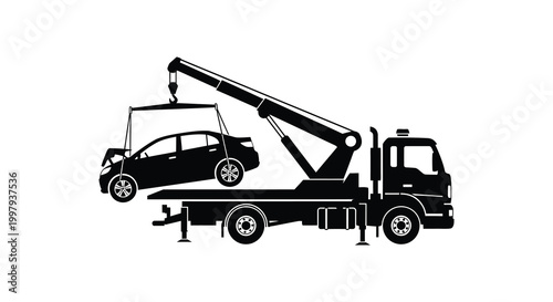 A black silhouette depicts a tow truck lifting a damaged vehicle for removal