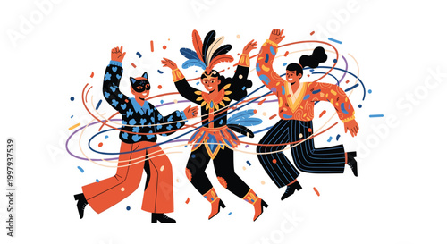 Three joyful people wearing colorful costumes and feathers dancing together at a vibrant carnival or festival celebration with confetti.