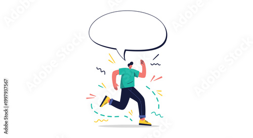 Young man running energetically with a large empty speech bubble over his head surrounded by abstract colorful lines and shapes.