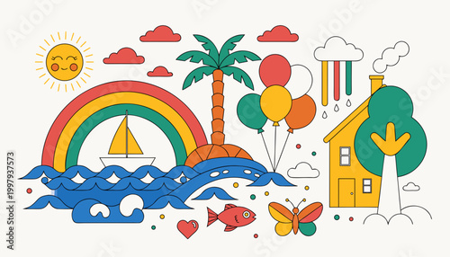 

Cartoon vector illustration of a summer holiday landscape featuring a tropical island with a boat on the sea near a sandy beach with palm trees under a sunny blue sky