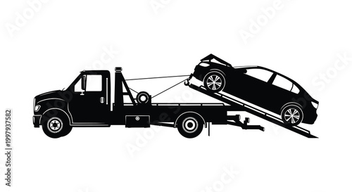 A black silhouette of a tow truck transporting a damaged vehicle on a ramp silhouette