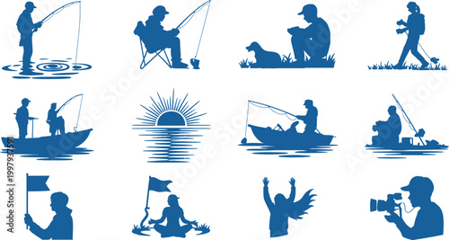 Blue Silhouette Vector Icons of People in Leisure Activities, Recreation and Hobby Scenes for Lifestyle, Tourism, Entertainment, Wellness and Creative Design Projects, Modern Flat Style Illustration S
