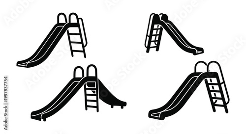 Four black playground slides depicted in a minimalist style creating a striking silhouette