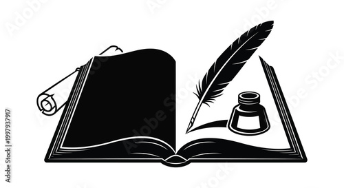 An open book with a feather inkwell and scroll presented as a silhouette
