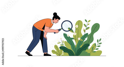 Female scientist or professional gardener examining green plants and white flowers with a magnifying glass for a biological research project.