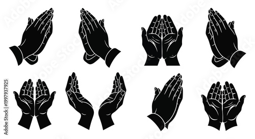 A collection of eight black praying hands in various positions showcasing a distinct silhouette