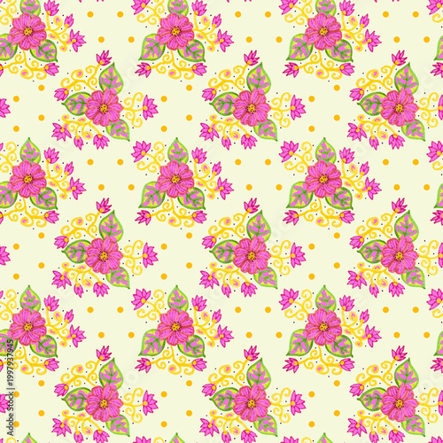 Pink and Yellow Drawn Floral Seamless Repeat