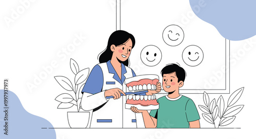 Pediatric dentist showing a young boy proper tooth brushing techniques using a large dental model and toothbrush during a clinical checkup.