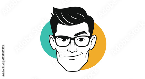 Portrait illustration of a smart young man with black hair and glasses over a colorful circular background representing a modern professional avatar.