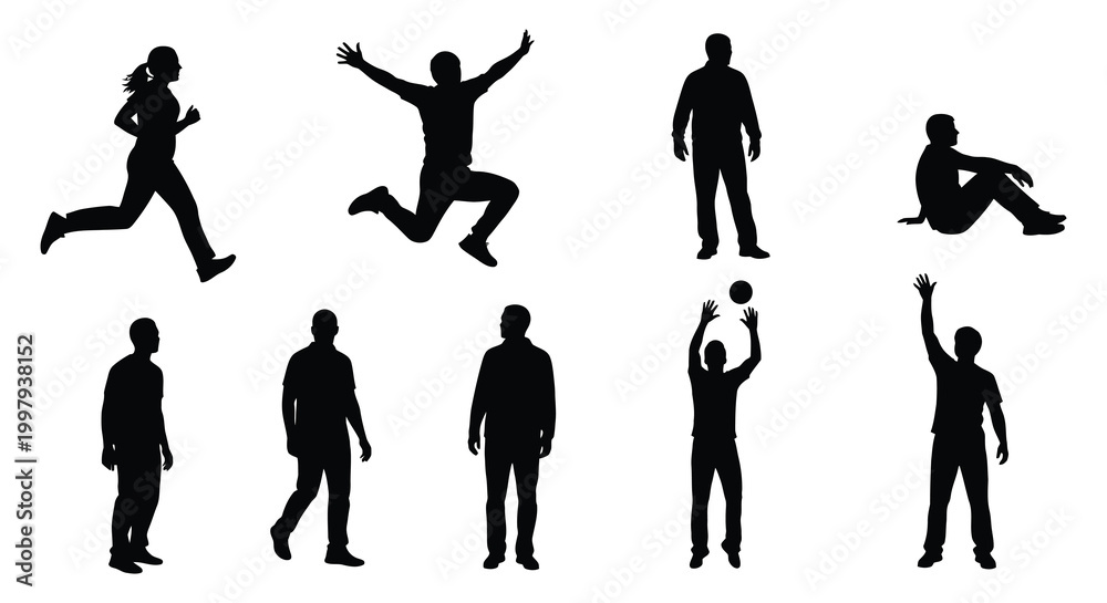 Fototapeta premium Diverse group of people in dynamic poses captured as a striking silhouette