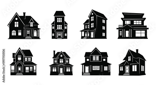 A collection of various black house shapes presented as a stark silhouette
