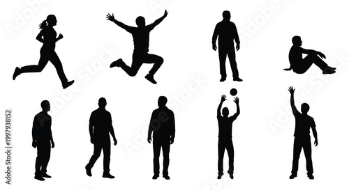 Diverse group of people in dynamic poses captured as a striking silhouette