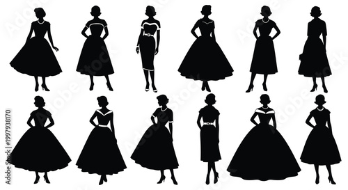 A collection of vintage women in various dresses displayed as a striking silhouette