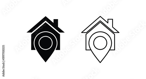Two house icons with location markers one filled one outlined a simple silhouette