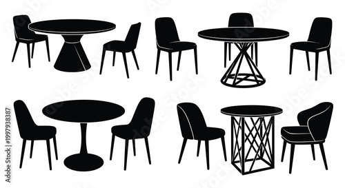 A collection of modern dining furniture including tables and chairs in silhouette