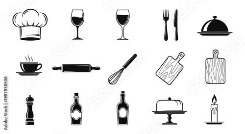 A collection of black and white culinary icons arranged in a simple composition silhouette