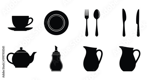 Black flatware and dinnerware items arranged on a white background a striking silhouette