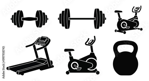 Black silhouettes of various gym equipment including weights treadmills and exercise bikes silhouette
