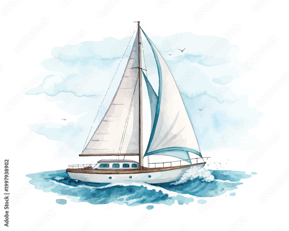 Fototapeta premium Watercolor Sailboat Clipart, Sea Travel Boat Illustration, Isolated on White