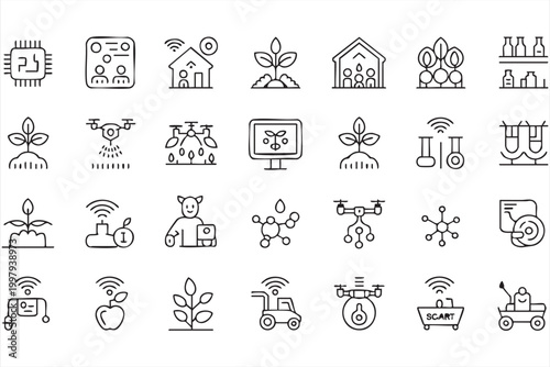Smart farming icon set with agriculture iot drone automation and crop monitoring systems