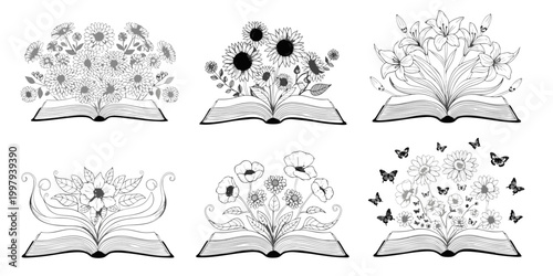 

Vintage vector illustration of an open book with a magic tree growing from paper pages featuring floral ornament elements and a decorative border frame for education design art