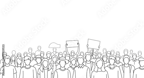 Illustration of a large crowd of people protesting with signs.
